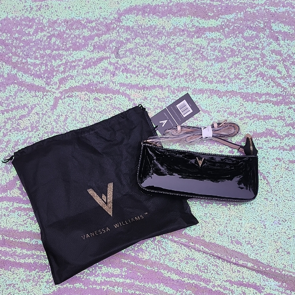 Vanessa Williams Black Patent Leather Clutch With Crossbody Strap, NWT!